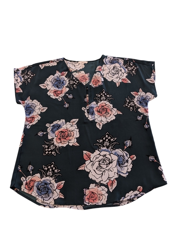Maurices Tops - Maurices Floral V-Neck Top in Dark Green with Pink, Blue, & Cream Roses